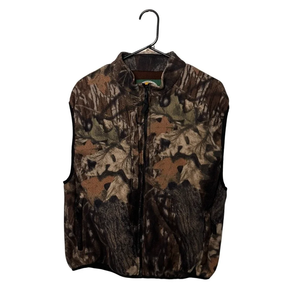 Vintage Cabelas Vest Mens Large Brown Camo Full Zip Fleece Hunting Made in USA